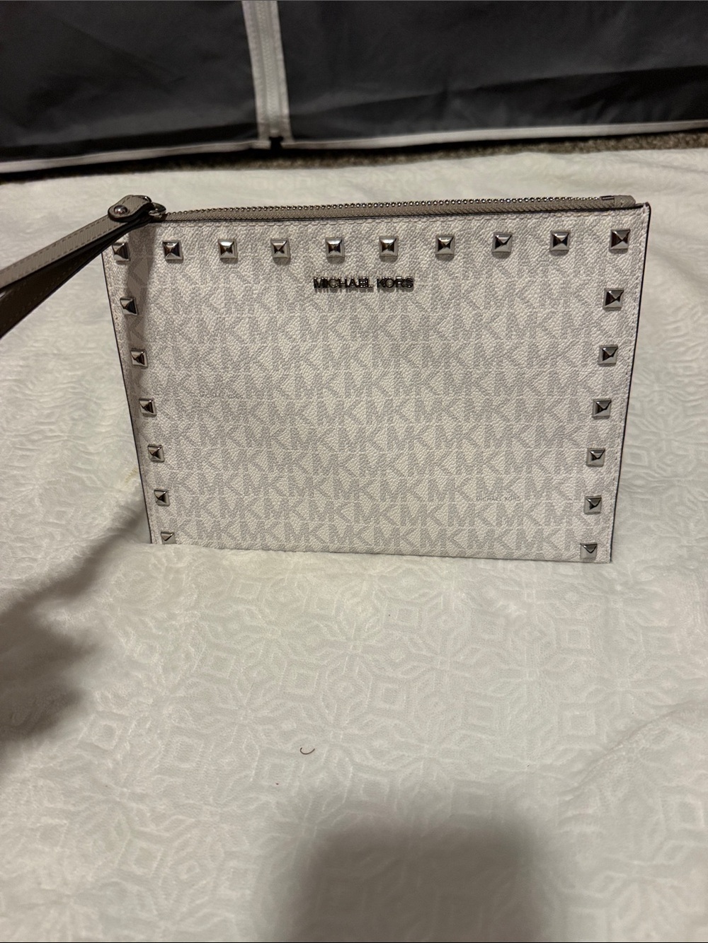 Michael Kors White Logo Studded Wristlet Clutch